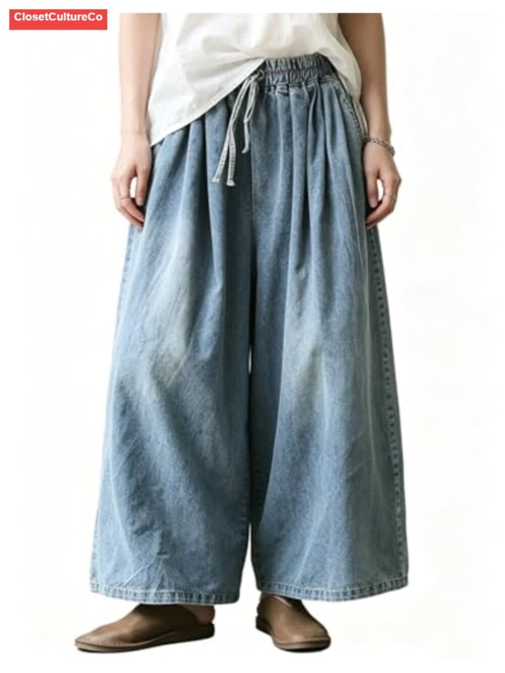 Women's Wide Leg Baggy Jeans Elastic Waist Denim Pants with Deep Pockets